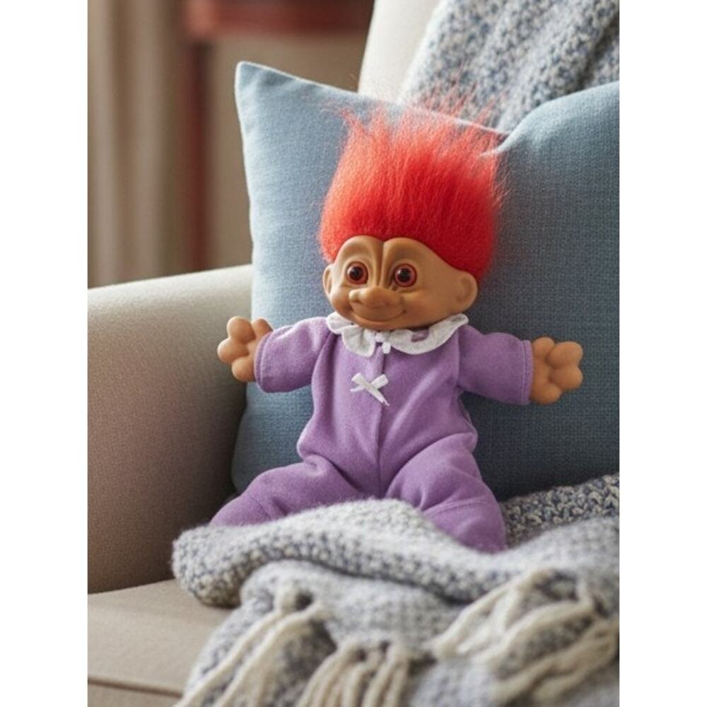 Treasure Troll Doll 15" Rhinestone Red Hair in Pajamas With Baby Bonnet Vintage
